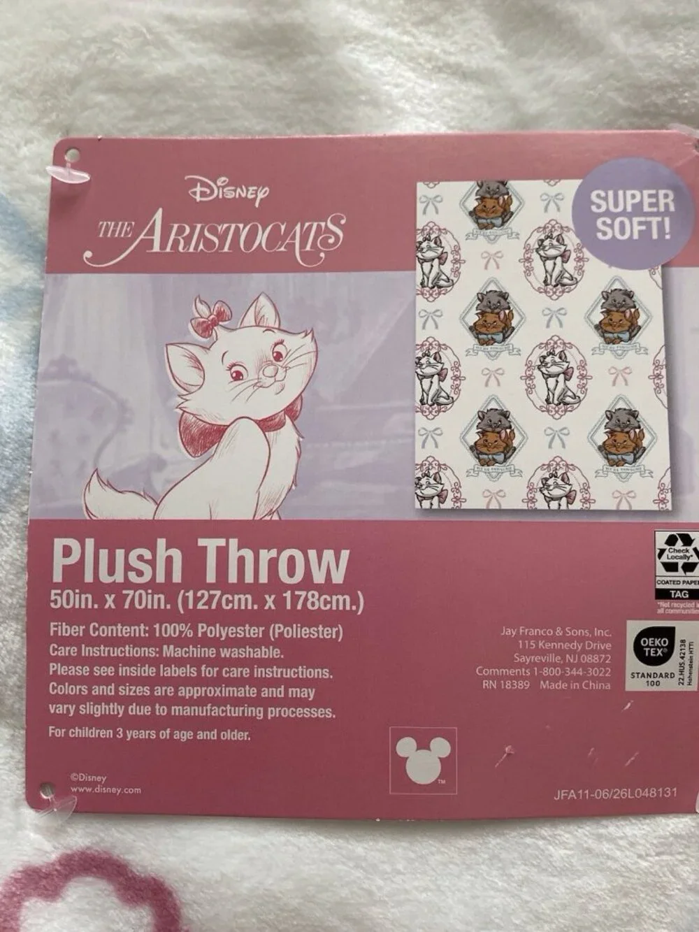 Disney The Aristocats Marie Toulouse & Berlioz White Plush Throw Blanket 50”x70”